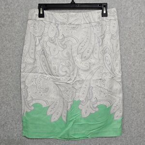 Banana Republic Pencil Skirt Size 8 Paisley White Silver Green Womens Below Knee